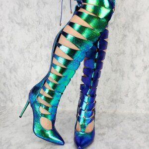 Mermaid Blue Cutout Detail Pointed Close Toe High Heels